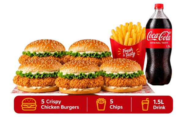Five-Burger Feast with Fries and Cola